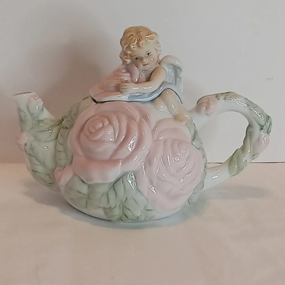 Vintage Avon Angel Cherub Pink Roses Porcelain Teapot